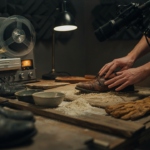 Foley artist recording footsteps in filmmaking using leather shoes and a textured surface with boom mic