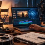 AI in filmmaking: editing timeline on a laptop beside film reels, a clapperboard and hand-drawn storyboards