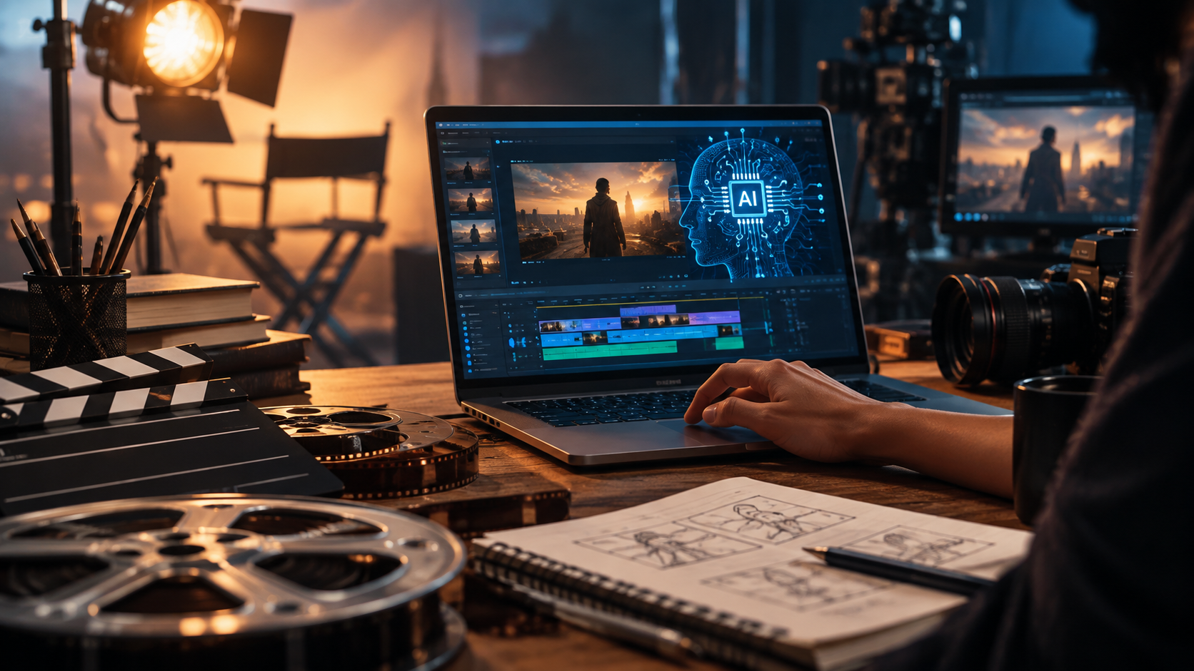 AI in filmmaking: editing timeline on a laptop beside film reels, a clapperboard and hand-drawn storyboards