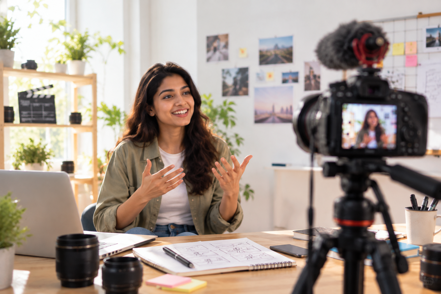 Filmmaker explaining a short film making course lesson to a camera, with a storyboard notebook and lenses on the desk